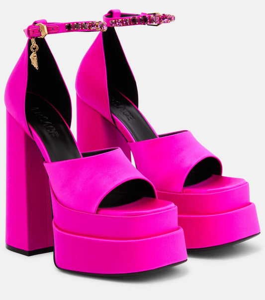 Versace La Medusa Raso Ricamo Strass Satin Fuchsia Platform Sandals