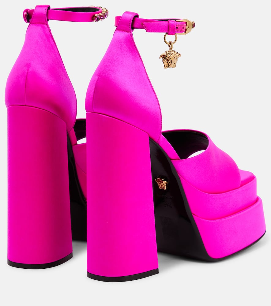 Versace La Medusa Raso Ricamo Strass Satin Fuchsia Platform Sandals