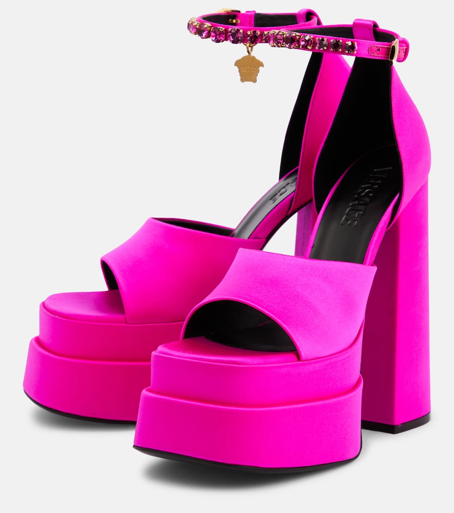 Versace La Medusa Raso Ricamo Strass Satin Fuchsia Platform Sandals