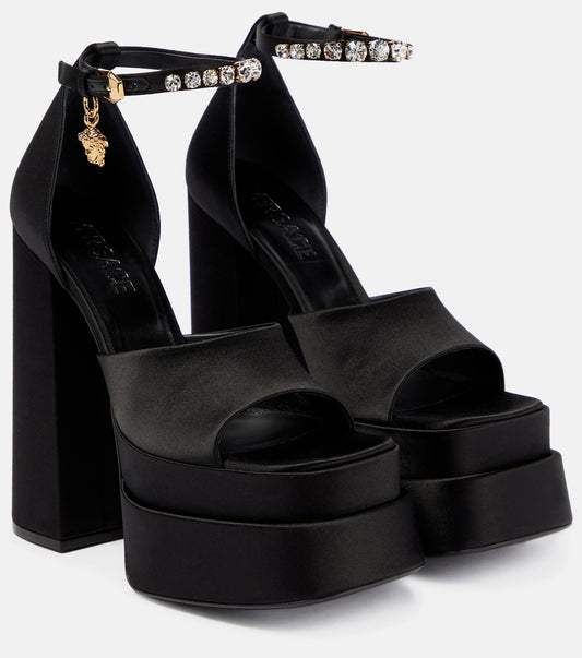 Versace Raso Ricamo Strass Nero Oro Heels