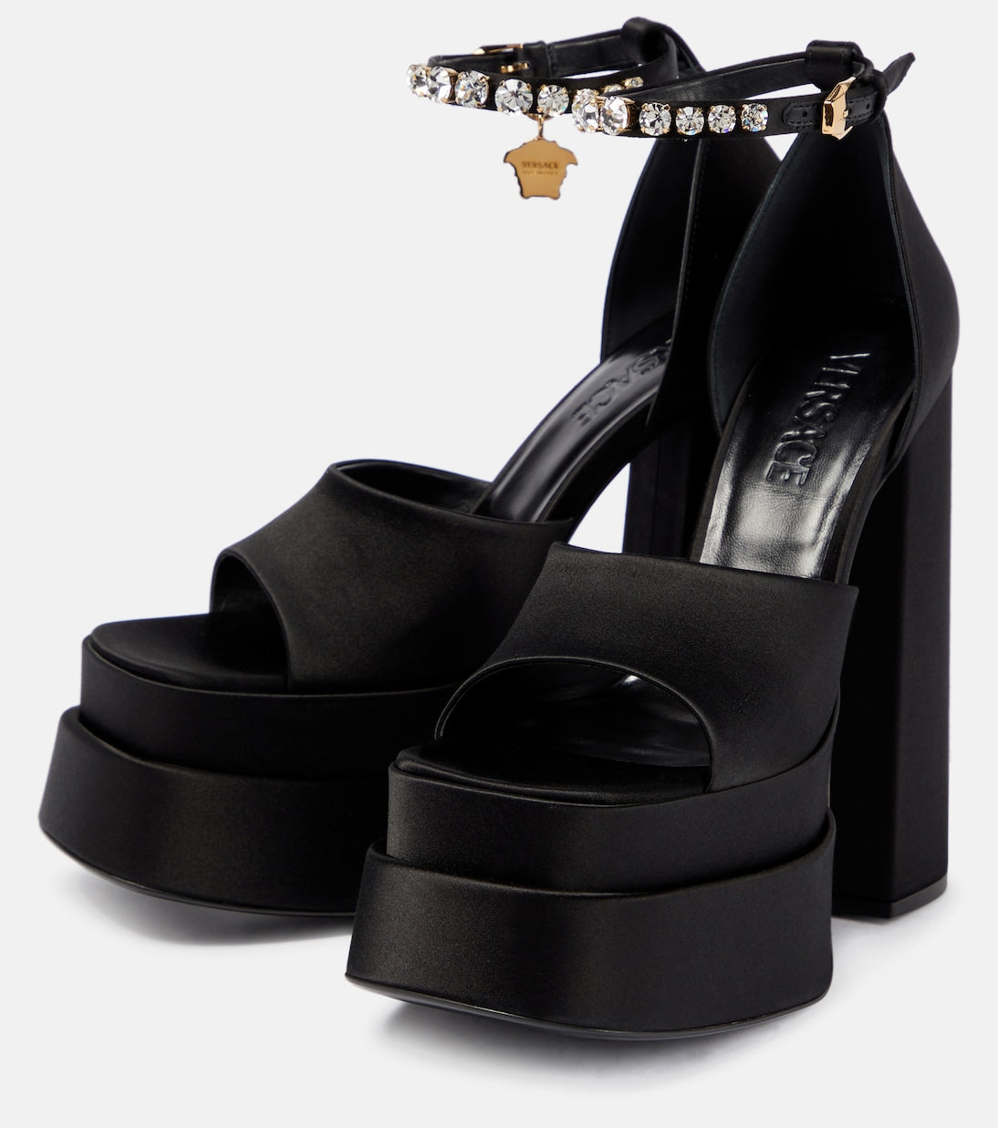 Versace Raso Ricamo Strass Nero Oro Heels