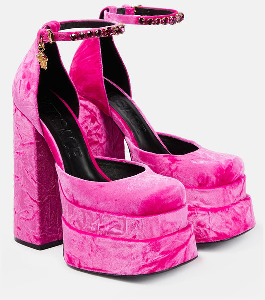 Versace Decolette Velutto Crashed Ricamo Strass Glossy Pink Heels