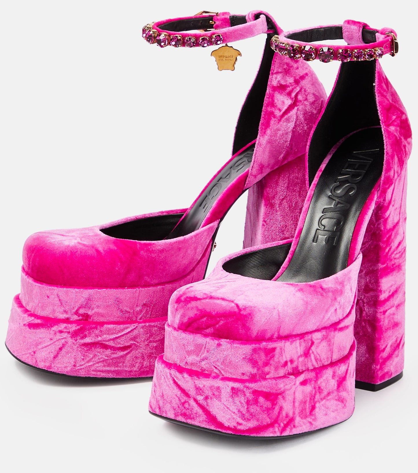 Versace Decolette Velutto Crashed Ricamo Strass Glossy Pink Heels