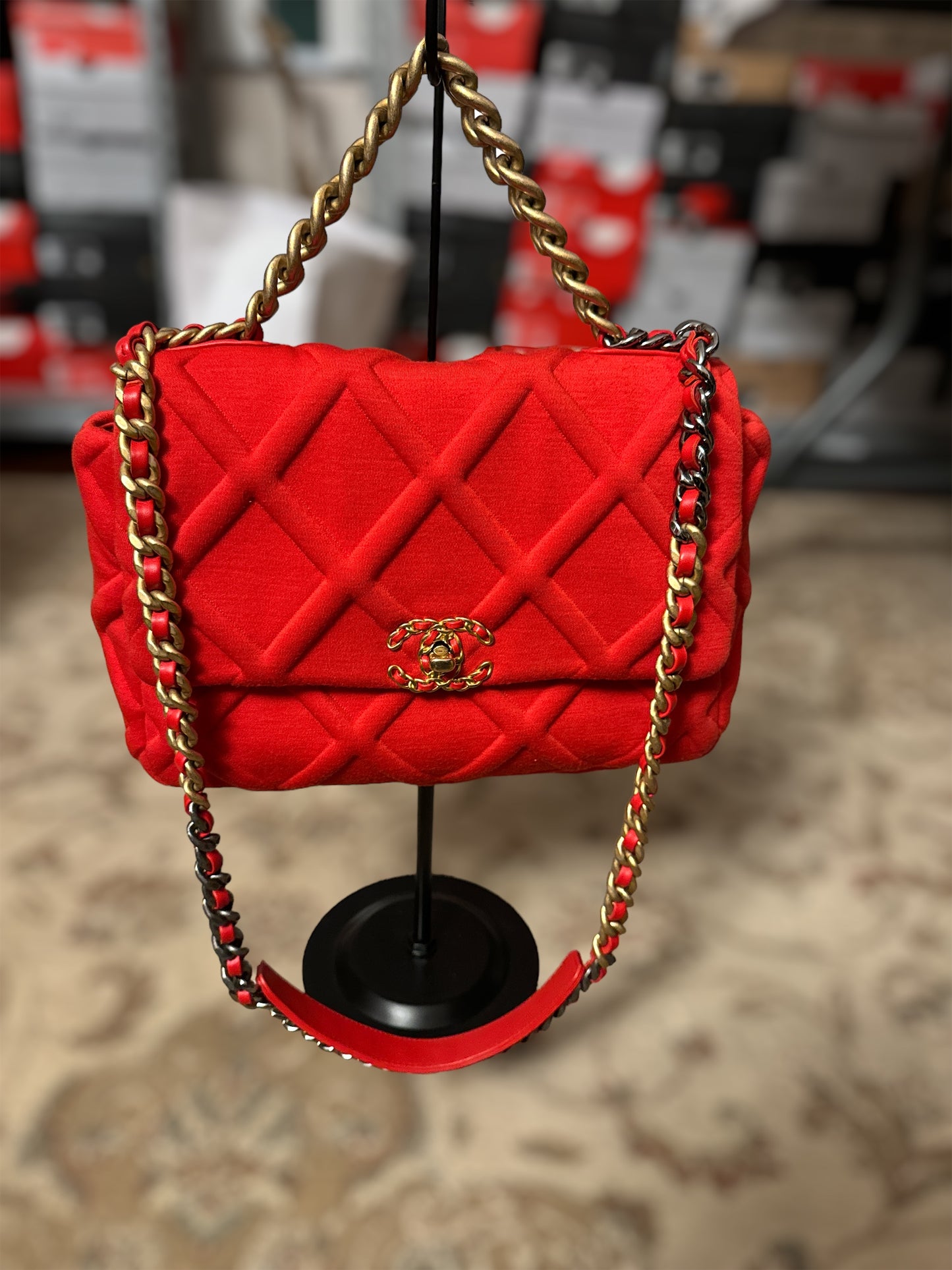 Pre-Owned Chanel 19 Large Red Quilted Jersey Flap Bag