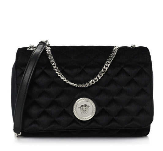 Brand New Versace Calfskin Nylon Quilted Medusa Chain Crossbody Bag